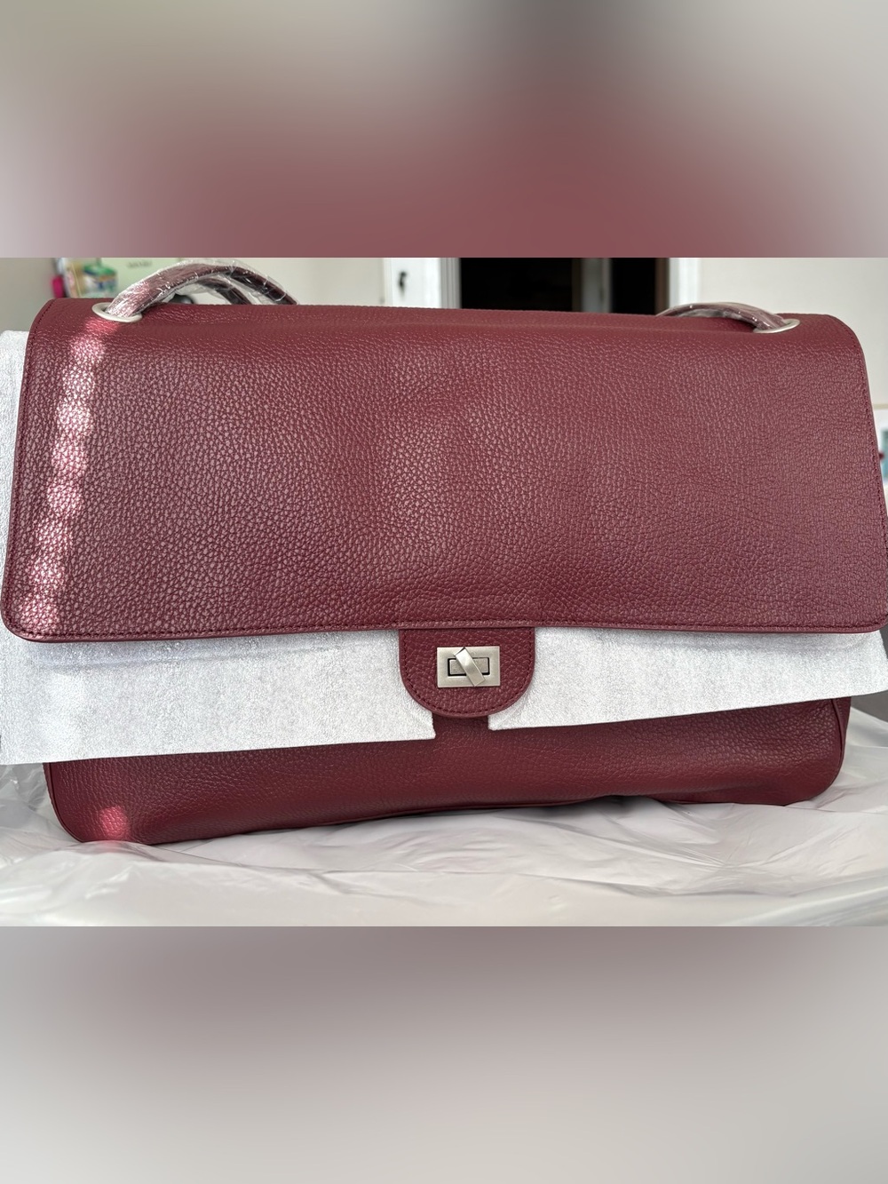 Pebbled Leather Shoulder Bag in Burgundy